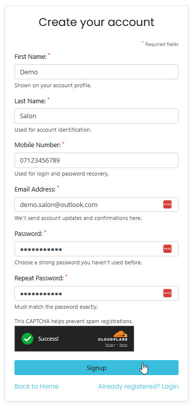 Fill in signup form